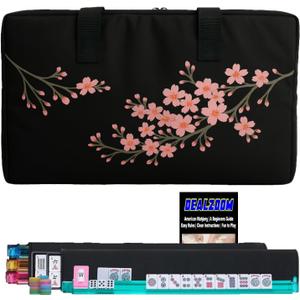 DEALZOOM American Mahjong Set Complete, Full Game with 166 Mahjong Tiles, Mahjong Racks with Pushers, Instructions, Dice, Chips, Wind Indicator & Mahjong Accessories in Mahjong Bag (Cherry Blossom)