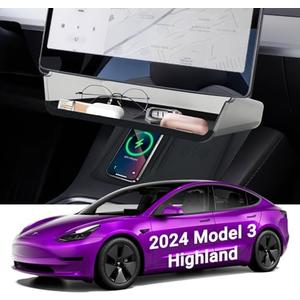 Impulja Under Screen Storage Organizer Wireless Charger Silicone Mat for Tesla Model 3 Highland 2024, Center Console Organizer Tray with Anti-Slip Pad for Tesla Model 3 Highland Accessories