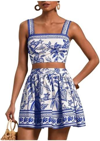 Floerns Women's Two Piece Outfit Tropical Crop Cami Top and Summer Skirts Set M