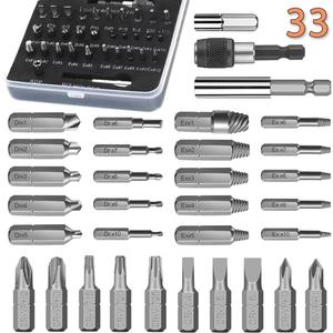33pc Screw Extractor Set Easy Out Bolt Extractor Kit & Screwdriver Bits HSS Stripped Screw Extractor 2-in-1Damaged Screw Extractor Kit, 2 Extension Bit Holders, Socket Adapter