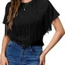 Verdusa Women's Short Sleeve Fringe Tops Tassel Trim Cowgirl Shirts Western Outfits (X-Large, Black)