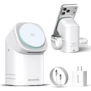 3 in 1 Wireless Charging Station for iPhone 17/16/15/14/13/12 Pro Max, Qi 2 Certified 15W Fast Magnetic Charger Stand for Magsafe Phone, AirPods, Smart Watch (White Color)
