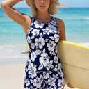 MODLILY Modest Coverage Womens Tankini Swimsuits with Pocket, Bathing Suits Contrast Binding Tank Top with Board Shorts (Blue, L)