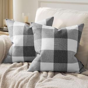 Phantoscope Pack of 2 Gingham Buffalo Check Plaid Throw Decorative Pillow Cover Outdoor Indoor Throw Pillows Farmhouse Square Pillow Cases for Home Decor Grey,18 x 18 Inches (Gray)