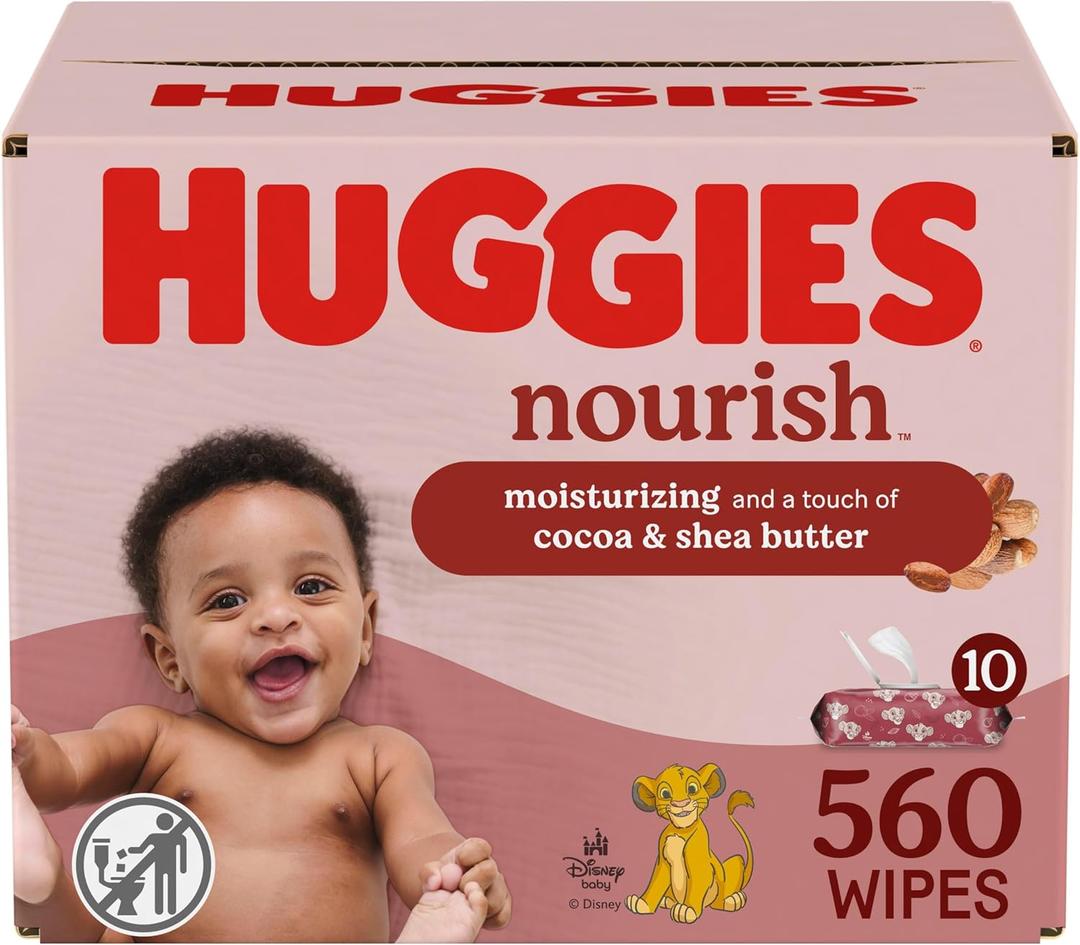 Huggies Nourish Scented Baby Wipes, 10 Push Button Packs (560 Wipes Total) Best By 06/2027