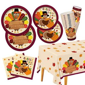 Gatherfun Turkey Thanksgiving Party Supplies Kit, Autumn Disposable Dinnerware Includes, Paper Dinner Plates, Dessert Plates, Napkins, Cups, and Tablecloth, for Fall party Decorations, Serve 25