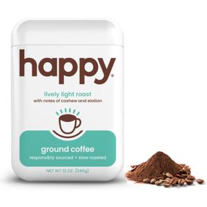 happy coffee light roast ground coffee, 12 oz., notes of cashew & elation, recyclable container, grown & harvested in Colombia, Brazil & Guatemala