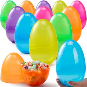 JOYIN 12 Pcs 7" Jumbo Plastic Easter Eggs, Clear 6 Assorted Colors Empty Eggs for Filling Treats Easter Party Favor Hunt Basket Stuffers Fillers Classroom Prize Supplies Toy