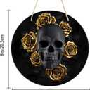 Gothic Black Skull with Gold Roses Round Wooden Hanging Sign for Home Office Wall Art Decor Door Hanger Gift 88 Inches