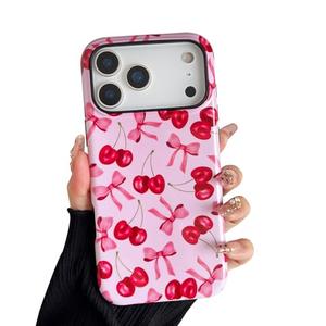 branple Compatible with iPhone 17 Pro Max Case, Cute Pink Cherry Bow Pattern with Shockproof Slim Soft TPU and Hard PC Protective Cover for Women Compatible with iPhone 17 Pro Max Case, Glossy