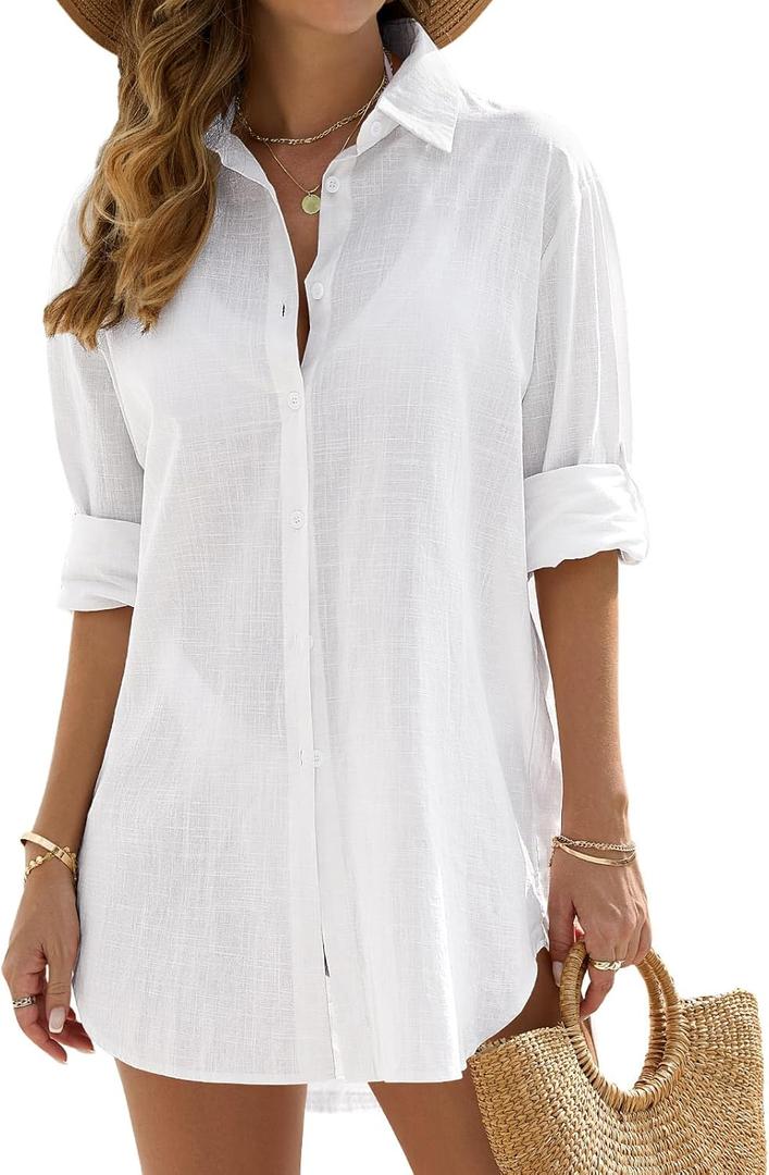 Swimsuit Coverup for Women Casual V Neck Bathing Suit Cover Ups Button Down Beach Bikini Swimwear Cover up Dress Shirt (White, L)