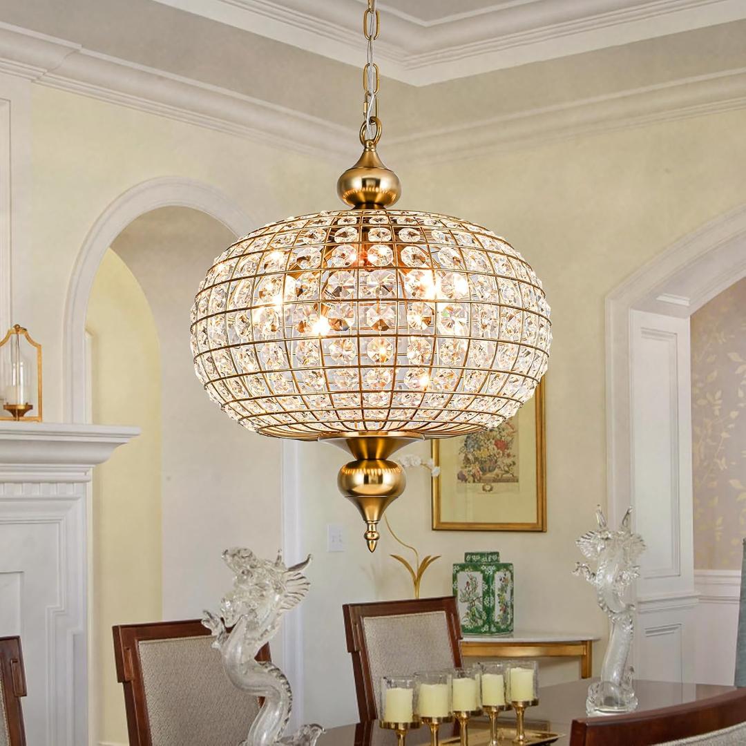 Gold Crystal Chandelier, 16.5" Modern 4-Light Round Crystal Pendant Light Antique Globe Foyer Chandelier for Dining Room Living Room