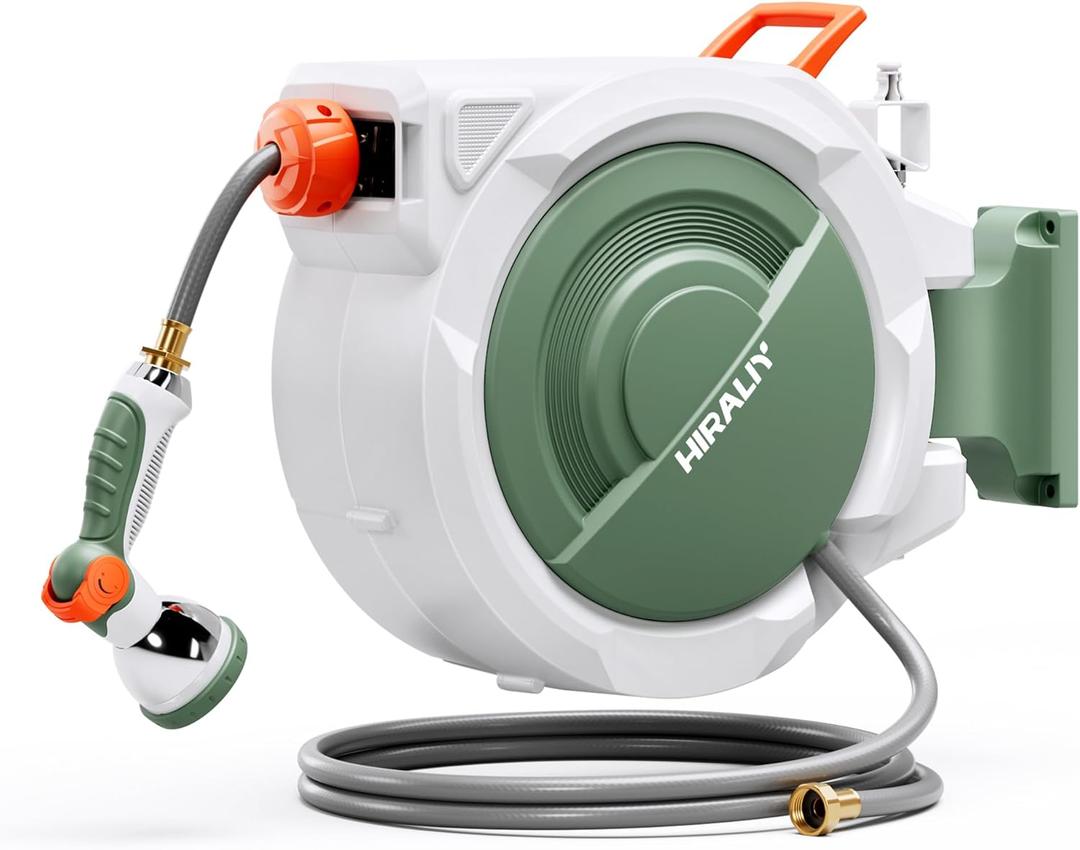 HIRALIY Retractable Garden Hose Reel 5/8'' x 65 ft + 6 ft, Super Heavy Duty, Any Length Lock, Automatic Rewind, Wall Mounted and 180 Swivel Bracket