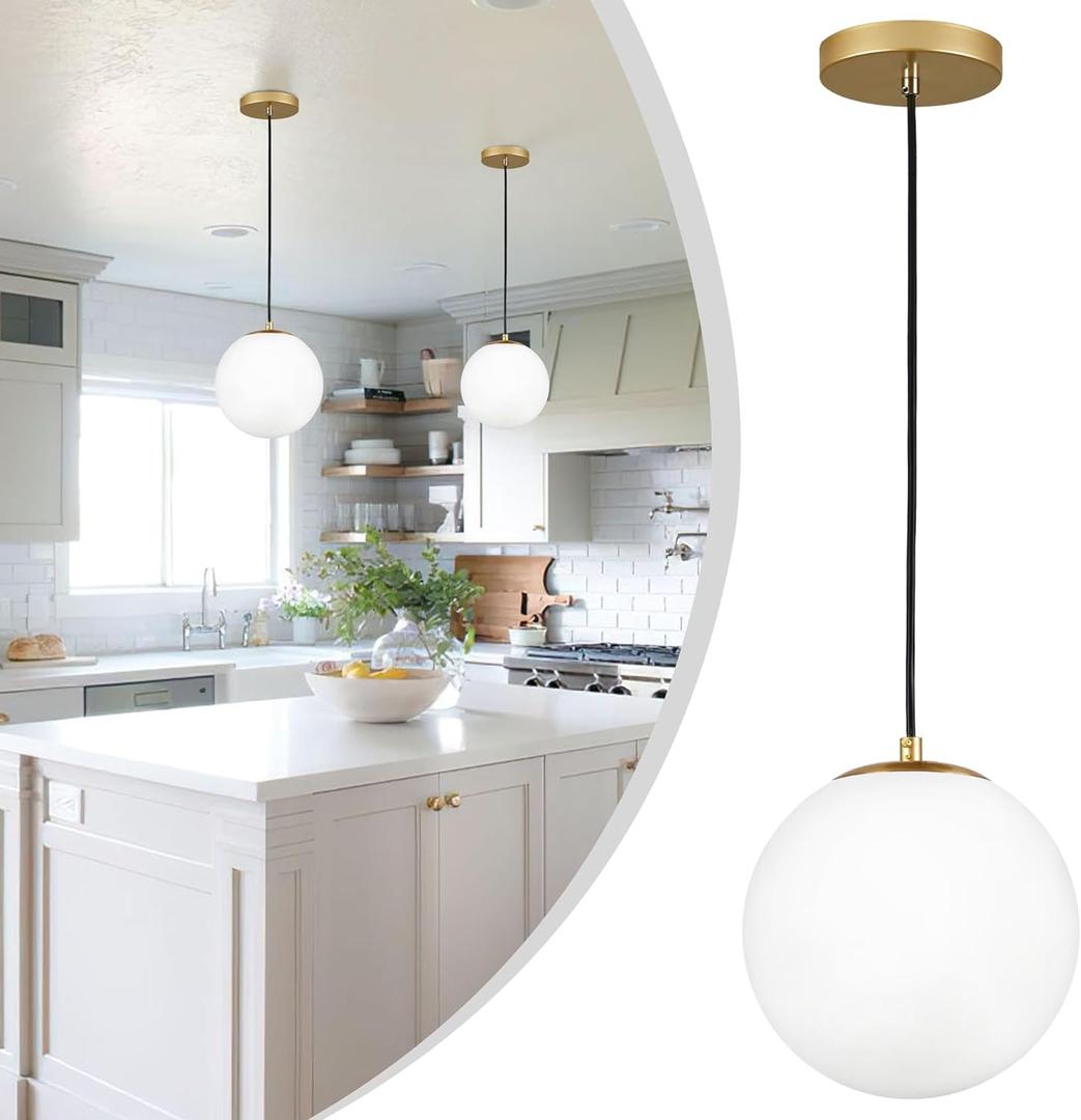 KoKo&Yukina 10" Globe Pendant Light Gold Mid Century Pendant Light Glass Globe Mid Century Modern Light Fixture Brushed Brass Finished with Milk Glass Lampshade for Dining Room Bedroom