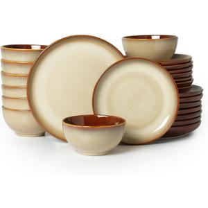 Pokini Ceramic Dishes Set for 8, 24 Piece Stoneware Dinnerware Sets, Chip and Scratch Resistant, Easy to Stack & Clean, Modern Rustic Look, Brown Yellow