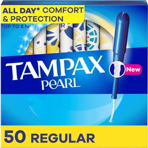 Tampax Pearl Tampons Regular Absorbency, With Leakguard Braid, Unscented, 50 Count (Packaging May Vary)