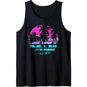 Retro Eighties 80s & 90s Beach Style design with palm trees Tank Top (Small, Black)