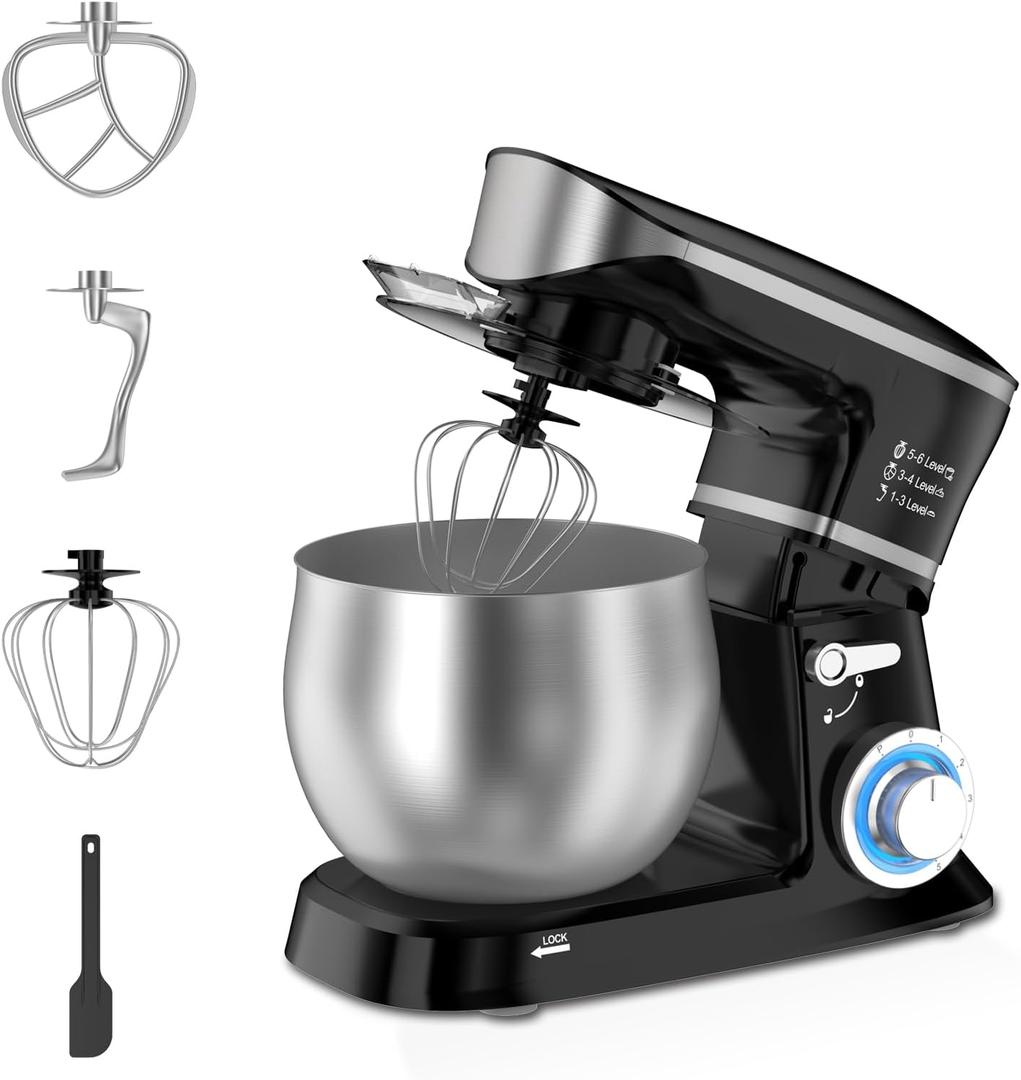 Electric Stand Mixer, Kitchen Mixer 6.5-Quart Tilt-Head, 6 Speeds with Dough Hook, Whisk, Beater, and Splash Guard, Stainless Steel Bowl for BakingPerfect for Baking Bread, Cookies, Cakes