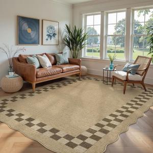 LIVEBOX Scalloped Easy Jute Checkered 8x10 Outdoor Rug, Washable Farmhouse Tan Rugs for Living Room Bedroom, Geometric Indoor Outdoor Non Slip Rug Dining Room Mat Carpet for Patio Backyard Home Decor