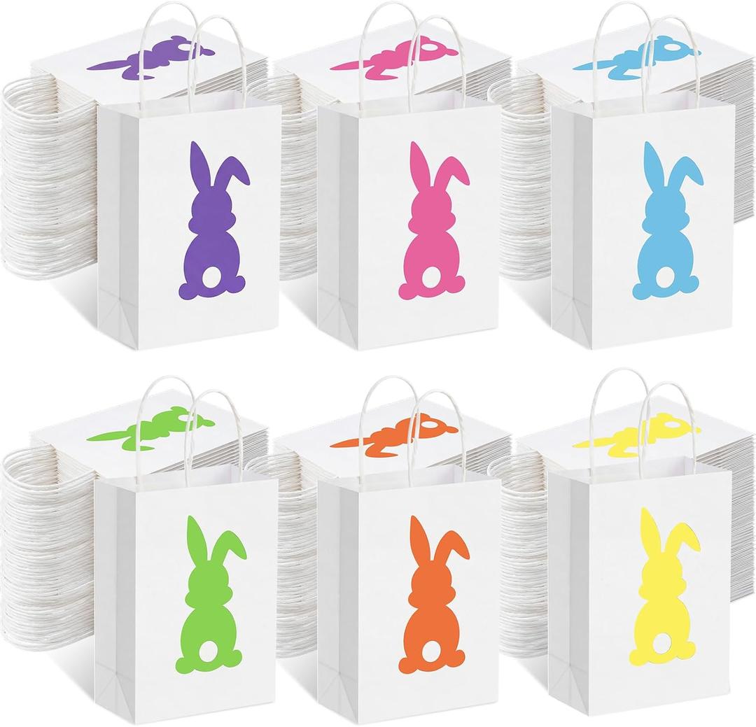 Fulmoon 120 Pieces Easter Gift Bags Bulk Assorted Kraft Paper Gift Bags with Handle Bunny Printed Holiday Goodie Wrapping for Easter Presents Eggs Hunting Party Favor Supplies Decor (White)