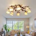 Skyblaze Classic Bird Semi Flush Mount Ceiling Light, Branches Ceiling Light with Fabric Linen Shade, Farmhouse Pine Cones Ceiling Lamp for Dining Room, Kitchen, Living Room (8 Lights)