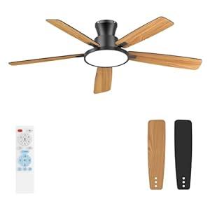 Ceiling Fans with Lights,52 inch,Quiet,Reversible Motor,Dimmable, Adjustable Color Temperature,6 Speeds,Timer, Low Profile Ceiling Fan for Bedroom,Living Room,Indoor/Outdoor Use (Black and Oak)