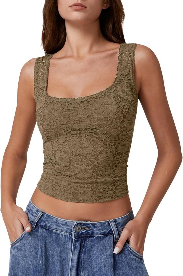 QINSEN Women's Lace Trim Square Neck Sleeveless Double-Layer Tank Top (Brown, XS)