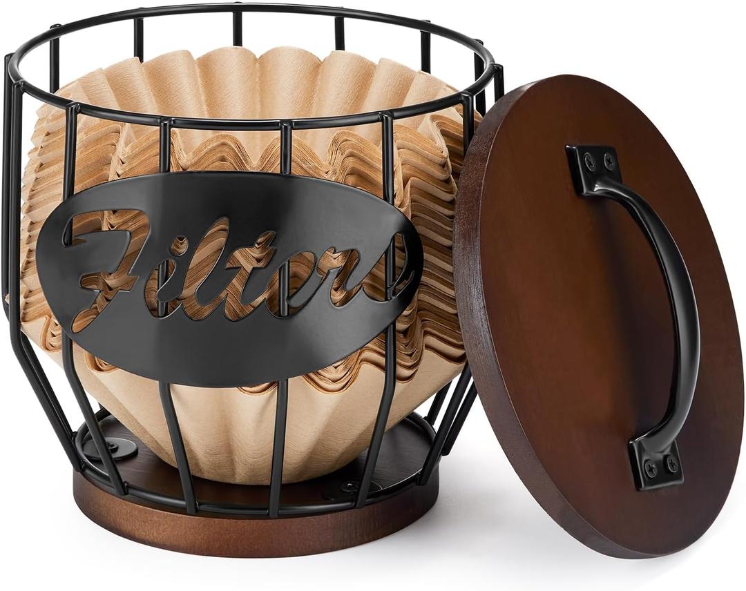 Yangbaga Coffee Filter Holder with Wood Lid, Wood and Metal Coffee Filter Storage Container Basket for Coffee Filters 2-4 Cup, Round Coffee Filter Holder Case for Counter, Coffee Bar Accessories decor (5.35.5in)