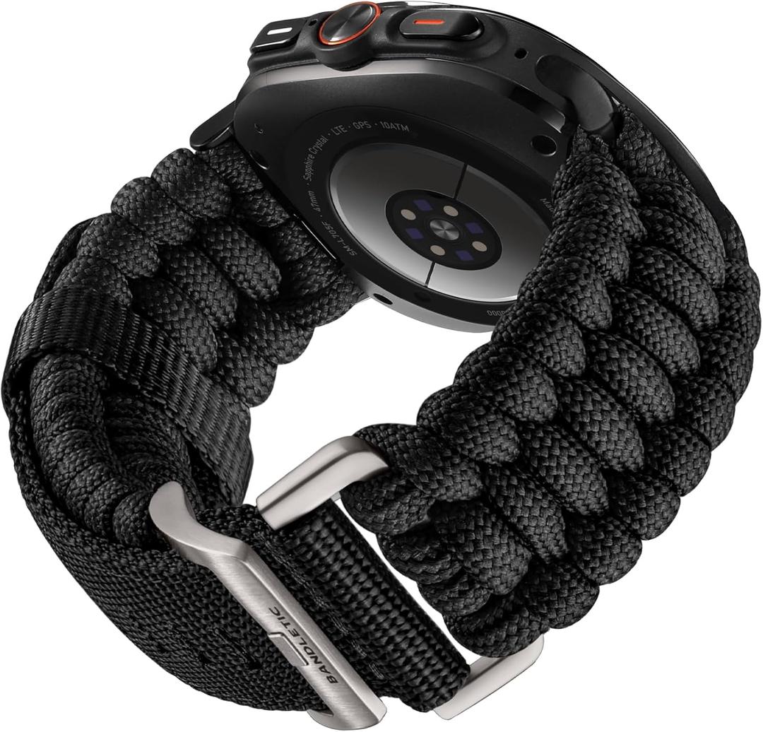 Bandletic Rugged Paracord Compatible with Samsung Galaxy Watch Ultra Bands 47mm (2025/2024) for Men, Handmade Woven Braided Tactical Military Survival Nylon Strap, Large, Titanium Buckle-Black