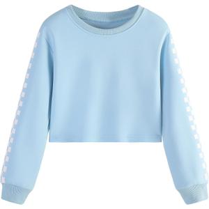 EXARUS Girls Crop Sweatshirts Tie Dye Pullover Checkered Print Crewneck Long Sleeve Casual School for Kids 6-12Y (Blue)