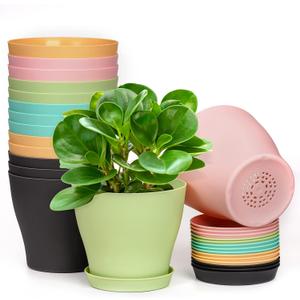 homenote Plant Pots, Set of 15 Plastic Planters with Multiple Drainage Holes and Tray 6 inch Indoor Plant Pot for All Home Garden Flowers Succulents (Colorful)