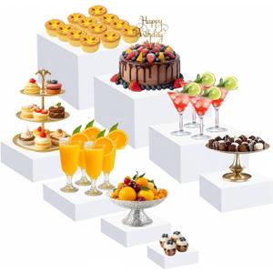 Geelin 8 Pack Acrylic Buffet Risers - 3 to 10 Inch Decorative Cube Boxes, Display Stands with Hollow Bottoms for Food Jewelry Table Display Supplies(White,Flat)