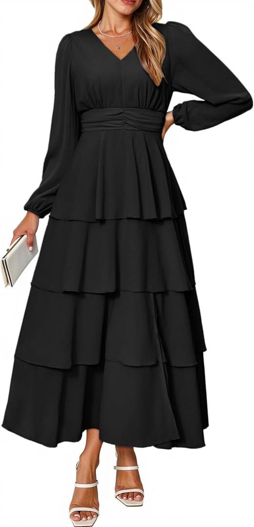 BerryGo Womens Flowy Maxi Dress Chiffon Long Sleeve Slit V Neck Casual Ruffle Tiered Boho Fall Wedding Guest Long Dress (Black, M)