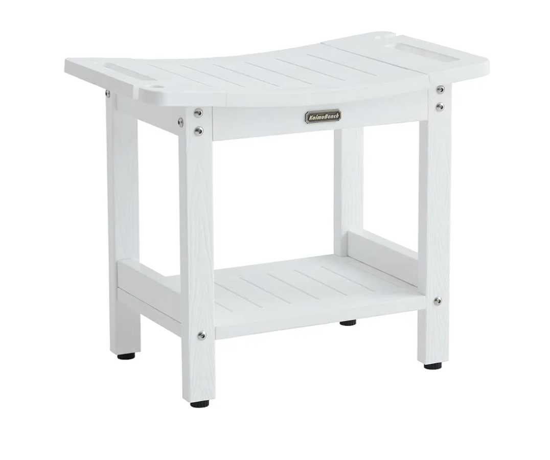 Waterproof Shower Bench, White Poly Shower Stool for Shaving Legs, Shower Chair Seat with Handles & Shower Head Holder, Plastic Bathroom Bench with Adjustable Feet for Inside Shower, Non-Slip
