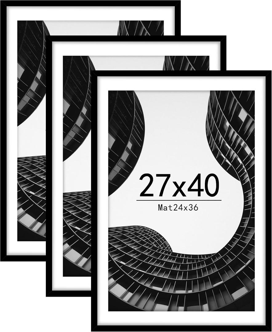 Abtgt 27x40 inch Poster Frame Set of 3, Display Pictures 24x36 with Mat or 27x40 without Mat, Poster Frames for Vertical & Horizontal Wall Hanging Display, Black