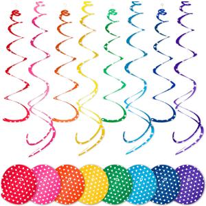 HonuGoGo 48-Piece Paper Swirl Decorations for Ceiling, Bright Polka Dot Multi-Color Single & Double Spiral Hanging Decor with Playful Style for Birthday Parties, Carnival & Classroom Celebrations
