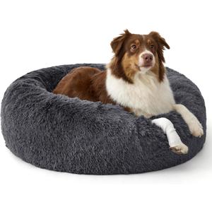 Bedsure Calming Dog Beds Large Sized Dog - 36in Donut Washable Large Pet Bed,Anti-Slip Removable Cover,420GSM Round Anti-Anxiety Fluffy Plush Faux Fur Bed, Fits up to 80 lbs Pets,Plus Version (Dark Grey)
