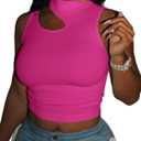 LovelyWholesale Womens 3 Pack Cut Out Crop Tops Mock Neck Summer Tank Top Sleeveless Shirt White/Brown/Hot Pink Small (S)