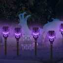 Solar Halloween Decorations Outdoor, 8 Pack Spooky Skulls Solar Torch Flame Lights, Waterproof Pathway Halloween Lights for Garden, Yard, Lawn, Porch, Landscape Decor, Purple