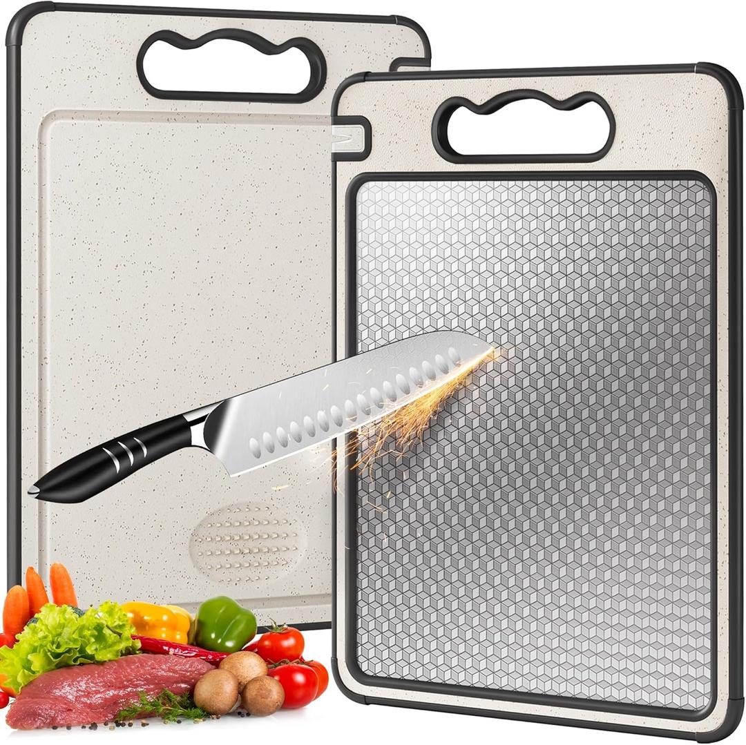 Double Sided 304 Stainless Steel & Wheat Straw Cutting Board, 14.4"*9.8" Non Toxic Lightweight Chopping Board, Separately Handle Meat and Vegetables, Dishwasher Safe, Scratch Resistant Mesh Design
