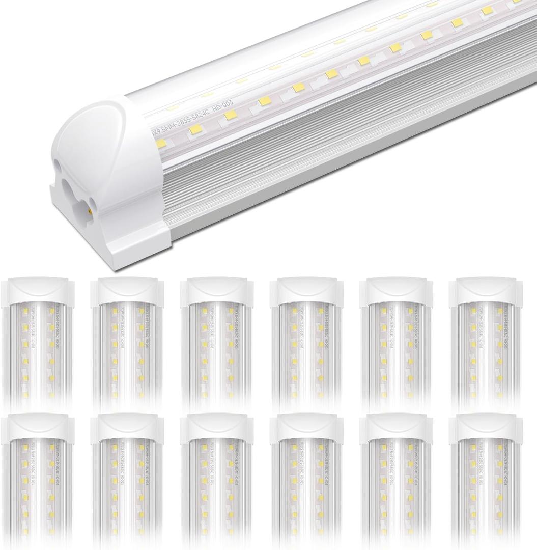 Shinestar 8FT LED Shop Light Fixture 12-Pack, 72W 9000LM 5000K Daylight Linkable T8 Tube Lights for Garage Workshop Basement, V-Shape Integrated LED Shop Lights, Plug and Play Installation