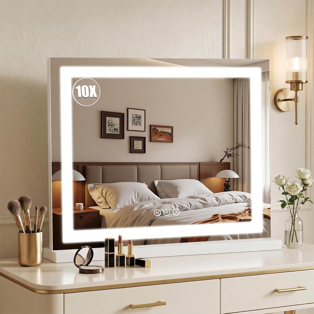 Vanity Mirror with Lights 23"x19", LED Makeup Mirror, 3 Color Lighting Modes, 10X Magnification, Smart Touch Control, Dimmable, Aluminum Metal Frame, Lighted Up for Vanity Desk (White)