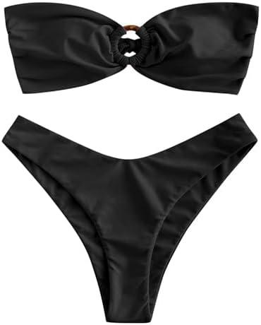 ZAFUL Women's Bandeau Bikini O Ring Strapless Tie Back High Cut Two Piece Swimsuit Bathing Suits, Medium