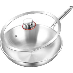 LOLYKITCH 12.5 Inch Tri-Ply Stainless Steel Wok Pan with Lid, Induction Stir-Fry Pan, Dishwasher and Oven Safe, Heavy Duty and Detachable Handle