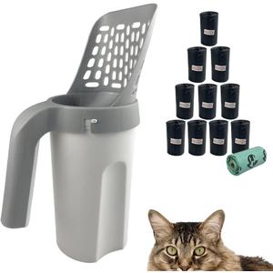Cat Litter Scooper with Trash Container,Portable Litter Scoop Holder,Litter Scoop with Holder Provides 215 Garbage Bags,Scoop Litter Disposal System In One