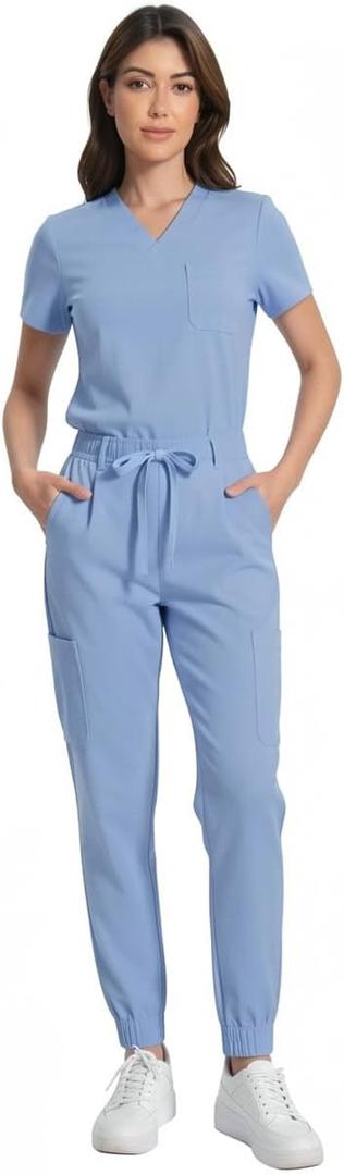 KUNGFU SCRUBS Women’s Scrub Set with 8 Pockets, Stretch V-Neck Scrub Top and Jogger Pants, Breathable Medical Uniforms for Nurses (Ceil Blue, XL)
