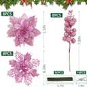 RICHMYC Christmas Flowers Artificial Glitter 24pcs Poinsettia Flowers Berries Christmas Decoration Christmas Tree Ornaments Xmas Wreath Garland Decoration, Pink