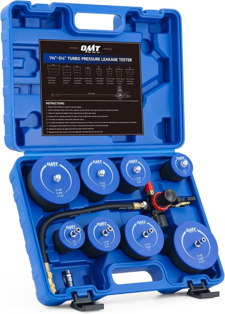 Orion Motor Tech Turbo System Leakage Tester Kit, 10pc Turbo Boost Leak Tester Set with 4 Pairs of Stepped Adapters 1-3/8" to 3-1/2", Turbo Pressure Leakage Tester for Cooling Emissions Exhaust Pipes (blue)