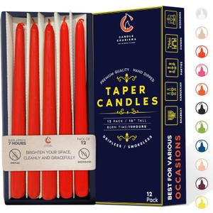 Rich Red 12 Inch Taper Candles - Pack of 12 Premium Unscented, Dripless & Smokeless Hand-Dipped Candles for Birthday, Wedding or Dinner Decorations and Formal Candlelighting