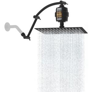 Hibbent All Metal Rain Filtered Shower Head, 12'' High Pressure Rainfall Showerhead with 16" Shower Extension Arm, 20 Stage Shower Filter, Solid Brass Adjustable Shower Arm Extender, Matte Black